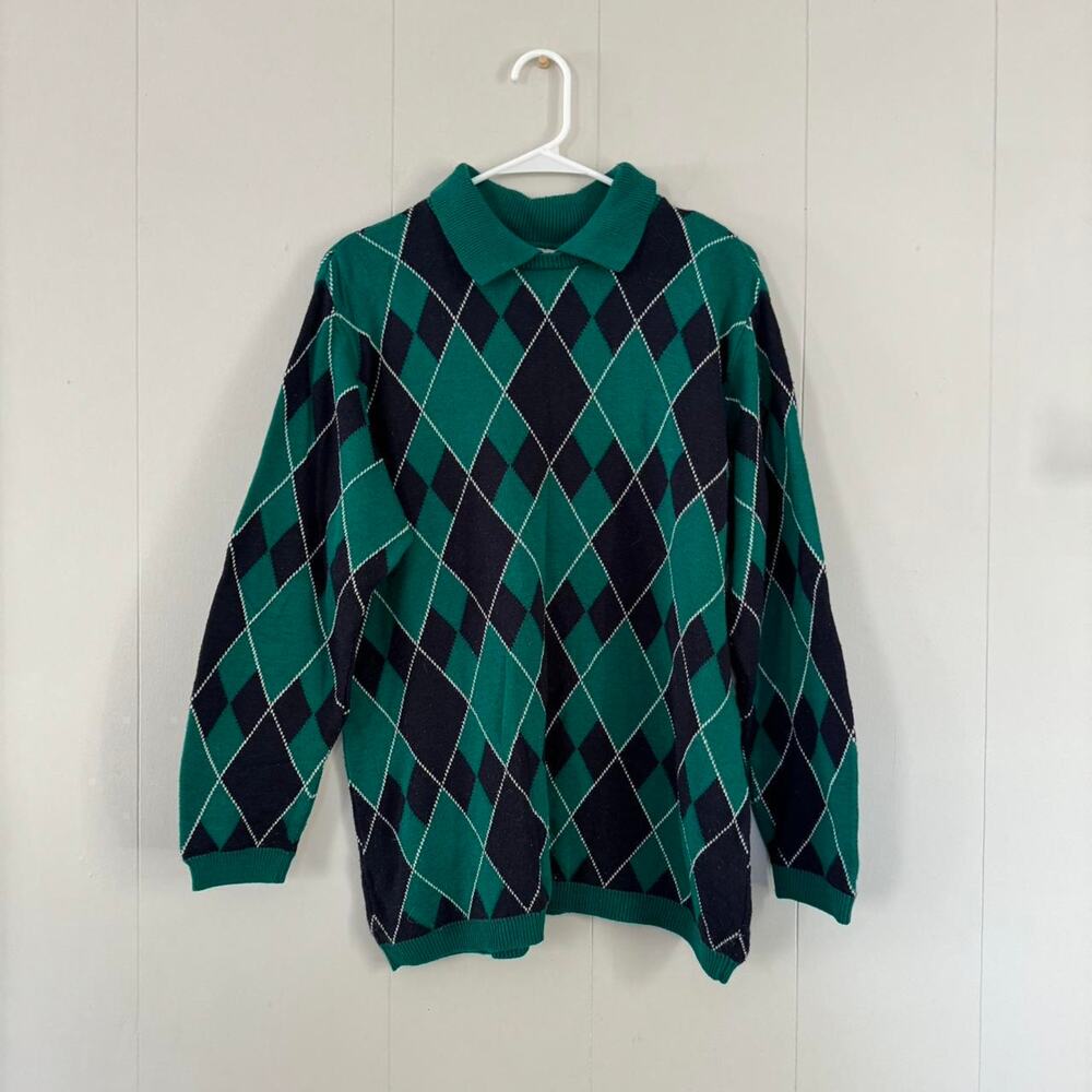 Vintage y2k preppy argyle alfred dunner teal & navy blue sweater men's medium